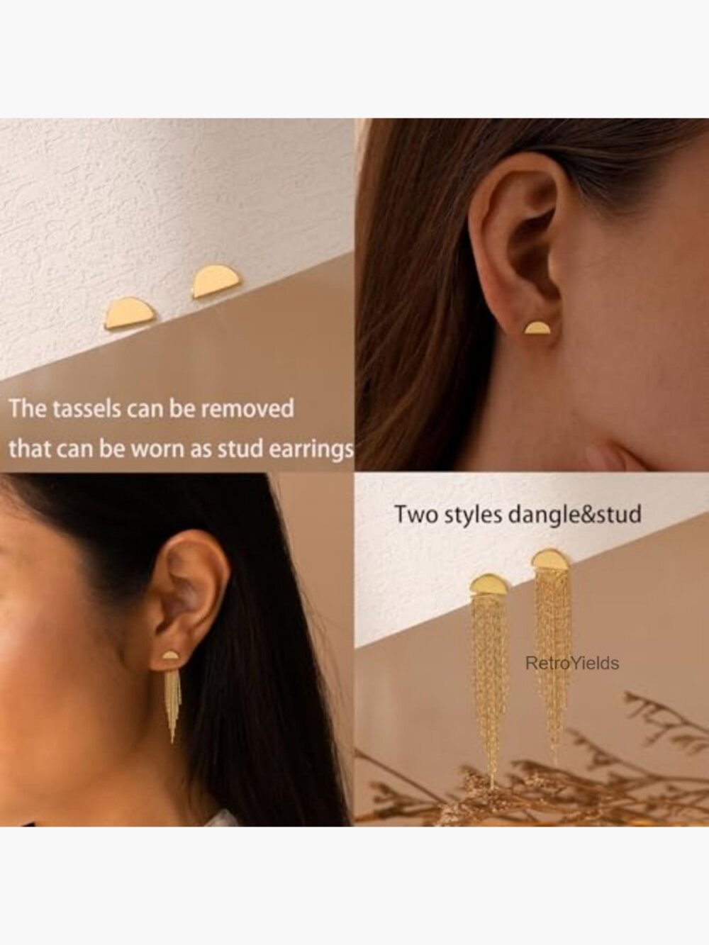 14K Gold Plated Tassel Dangle Earrings Hypoallergenic Fade Resistant - Picture 5 of 7